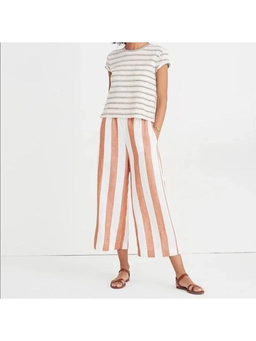 Madewell NWOT Women's Orange/Brown Striped Pull On Wide Leg Pants Size ST